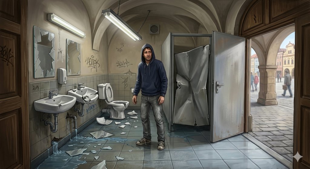 Zkáza v pasáži na náměstí: Muž rozmlátil veřejné toalety hasicím přístrojem