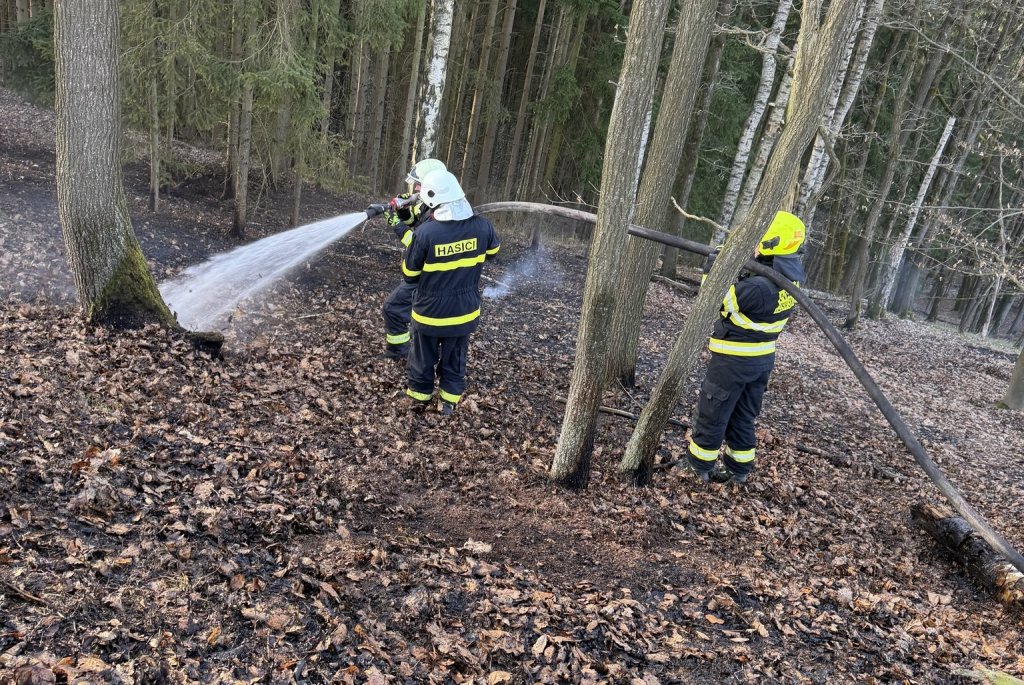 Plameny spolykaly mladé duby, zasahovat musel i vrtulník. Jeden hasič zkolaboval vyčerpáním.